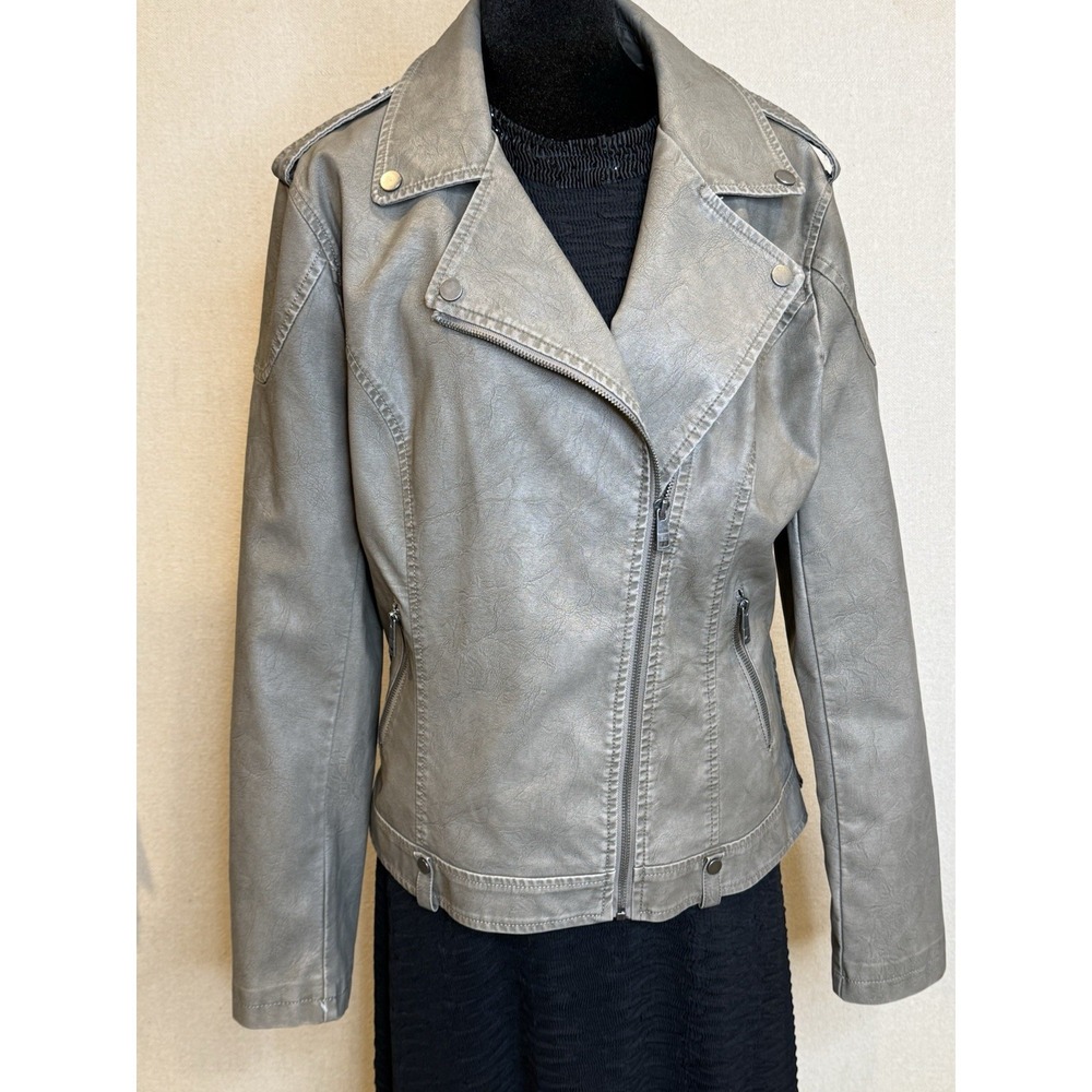 Women's Putty Faux Leather Moto Biker Jacket Asym Zip Silver Hardware Lined